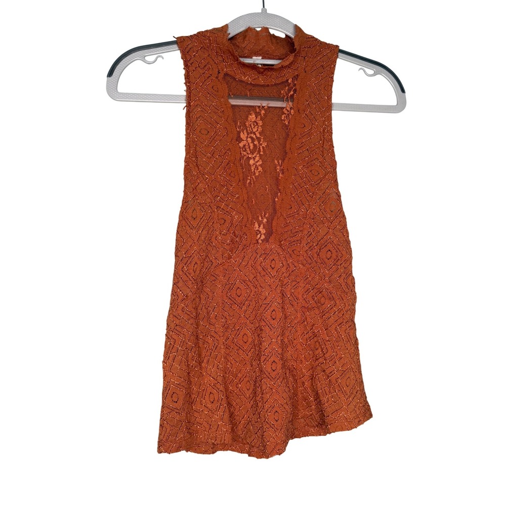 Intimately Free People diamond mesh lace mock neck halter top in burnt orange